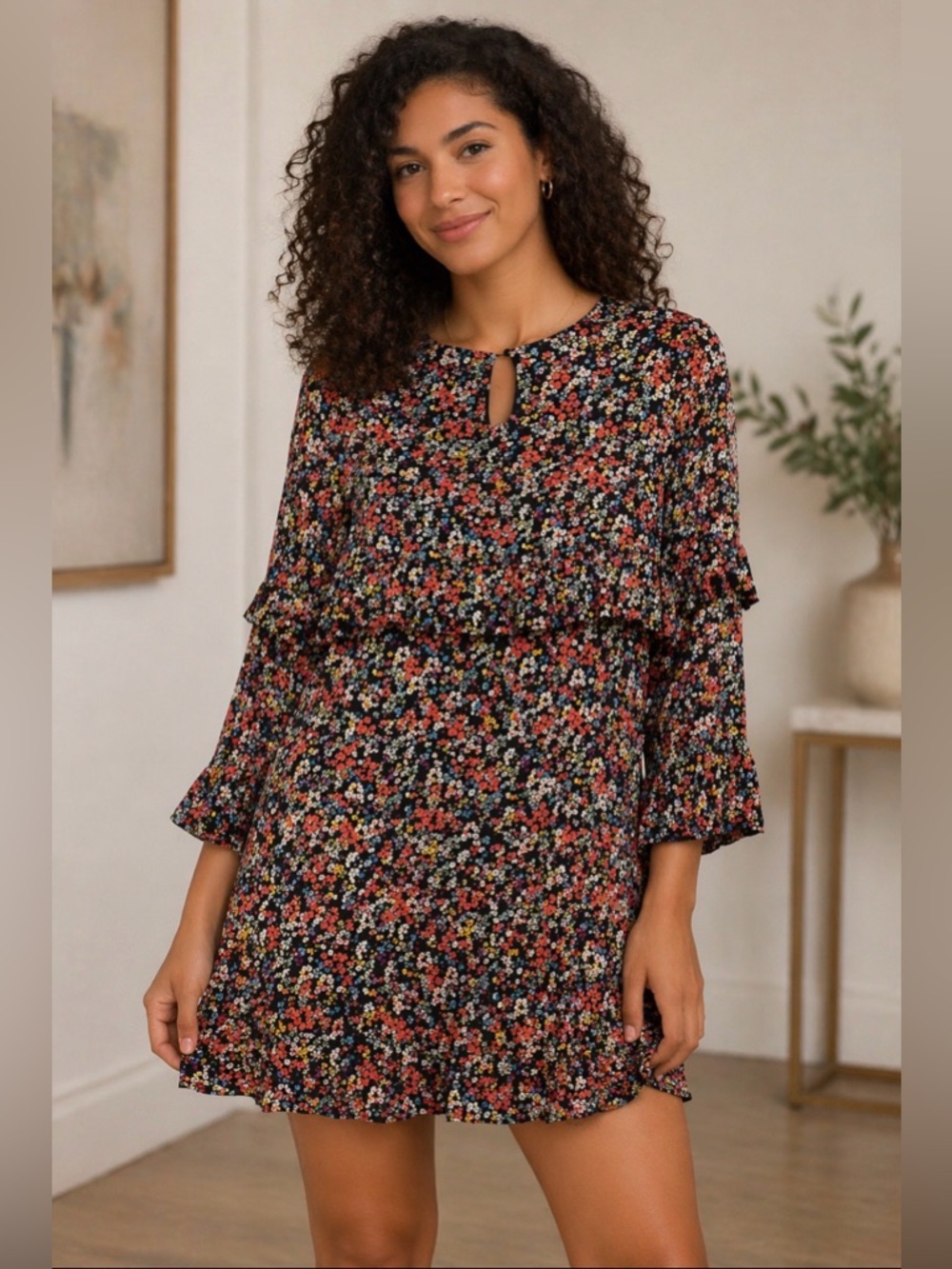 Zara long sleeve ruffle dress with flowers